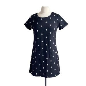 YUMI Mini Dress Womens Sz Medium Black Sailboat Print Nautical Short Sleeve